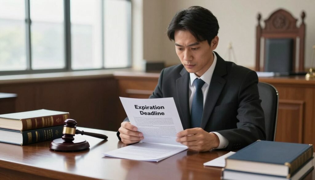 A serious and focused judicial operator in a modern courtroom setting, examining a legal document marked with a bold 'Expiration Deadline'. In the foreground, the operator, dressed in a professional suit, is seated at a polished wooden desk, surrounded by stacks of law books and documents. In the middle ground, a large window allows soft, natural light to flood the room, creating a warm yet serious atmosphere. The background features classic courtroom elements, such as a gavel and a well-decorated judge's bench, enhancing the sense of authority. The scene conveys a mood of diligence and importance, highlighting the significance of understanding contractual expiration and the judicial role in managing it, shot from a slightly elevated angle to capture the depth of the setting.
