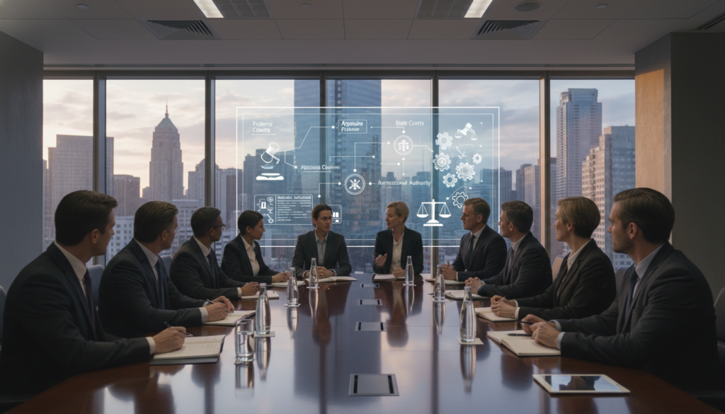 A sleek office setting as the foreground, featuring a long conference table surrounded by diverse professionals in formal business attire, engaged in a discussion about administrative jurisdiction. The middle layer showcases a large digital screen displaying a detailed legal framework and visual aids that represent legal concepts and processes. In the background, a modern city skyline is visible through expansive glass windows, hinting at the urban context of legal matters. The lighting is bright and professional, with warm tones that create an inviting atmosphere, emphasizing teamwork and collaboration in the legal field. The camera angle is slightly elevated, providing a comprehensive view of the room and its occupants, conveying a sense of authority and focus.