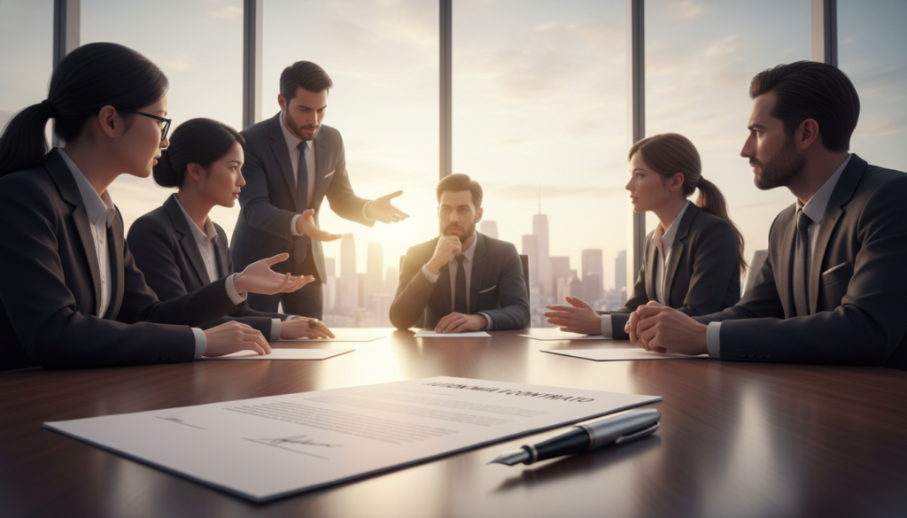 A symbolic representation of "autonomía voluntad contrato" featuring a formal conference table in a modern office setting, surrounded by diverse professionals in business attire engaged in deep discussion. In the foreground, a contract document with a pen rests on the table, symbolizing the essence of autonomy in agreements. The middle ground presents individuals of various ethnicities, expressing thoughtful expressions, with some pointing at the document, illustrating active participation in decision-making. The background showcases a large window with a city skyline, bathed in warm sunlight, creating an atmosphere of collaboration and ambition. The lighting is soft yet bright, emphasizing focus and clarity, captured with a slightly angled perspective to create depth and engagement. A symbolic representation of "autonomía voluntad contrato" featuring a formal conference table in a modern office setting, surrounded by diverse professionals in business attire engaged in deep discussion. In the foreground, a contract document with a pen rests on the table, symbolizing the essence of autonomy in agreements. The middle ground presents individuals of various ethnicities, expressing thoughtful expressions, with some pointing at the document, illustrating active participation in decision-making. The background showcases a large window with a city skyline, bathed in warm sunlight, creating an atmosphere of collaboration and ambition. The lighting is soft yet bright, emphasizing focus and clarity, captured with a slightly angled perspective to create depth and engagement.