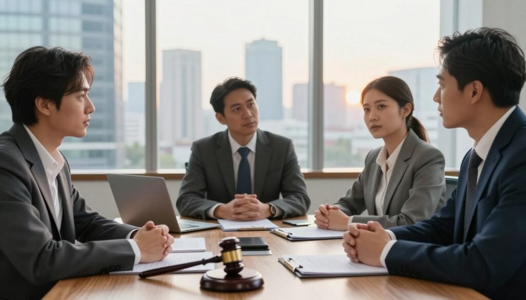 A thoughtful scene depicting the concept of "principio prevalencia derecho" in a professional setting. In the foreground, a diverse group of three professionals—two men and one woman—are engaged in a serious discussion, dressed in formal business attire. The middle section showcases a large wooden conference table strewn with legal documents, contracts, and a gavel, symbolizing authority and legality. In the background, a large window reveals a modern city skyline, bathed in warm, late afternoon sunlight that illuminates the room, creating a sense of hope and clarity. The mood is serious yet collaborative, emphasizing the importance of substantive rights in contractual agreements. The focus is sharp on the professionals, with a soft bokeh effect on the background to draw attention to the discussion's significance.