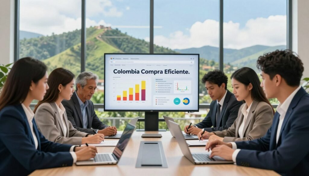 A vibrant and engaging scene representing "Colombia Compra Eficiente." In the foreground, a diverse group of business people in professional attire, including men and women of various ethnicities, are collaborating around a modern conference table, reviewing documents and digital devices. In the middle, a transparent screen displays analytical graphs and procurement data, symbolizing efficiency and modernization. The background features the iconic Colombian landscape, with green hills and a clear blue sky, subtly reflecting hope and growth. Soft, natural lighting filters in through large windows, creating a warm and inviting atmosphere while accentuating the enthusiasm and focus of the professionals. The overall mood is one of empowerment, highlighting the importance of procurement in supporting small businesses and entrepreneurs in Colombia.