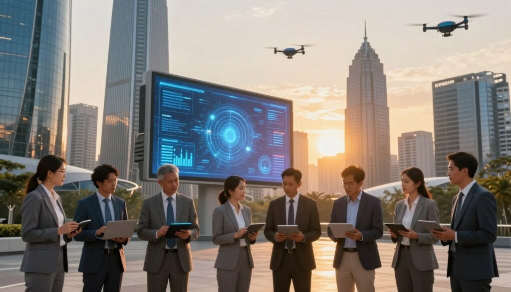 A vibrant cityscape showcasing the theme of technological innovation, featuring futuristic architecture with sleek, glass buildings, digital billboards, and drones flying in the sky. In the foreground, a diverse group of professionals in business attire are engaged in a discussion, using tablets and laptops, symbolizing a collaborative approach towards digital sovereignty. The middle ground reveals a large screen displaying data analytics and digital interfaces, representing the transition to a new public procurement platform. The background features a sunset with warm, golden light, casting dramatic shadows and creating a hopeful atmosphere. The scene captures the essence of progress, empowerment, and modernity in public systems, inviting viewers into a world where technology seamlessly integrates with governance. A vibrant cityscape showcasing the theme of technological innovation, featuring futuristic architecture with sleek, glass buildings, digital billboards, and drones flying in the sky. In the foreground, a diverse group of professionals in business attire are engaged in a discussion, using tablets and laptops, symbolizing a collaborative approach towards digital sovereignty. The middle ground reveals a large screen displaying data analytics and digital interfaces, representing the transition to a new public procurement platform. The background features a sunset with warm, golden light, casting dramatic shadows and creating a hopeful atmosphere. The scene captures the essence of progress, empowerment, and modernity in public systems, inviting viewers into a world where technology seamlessly integrates with governance.