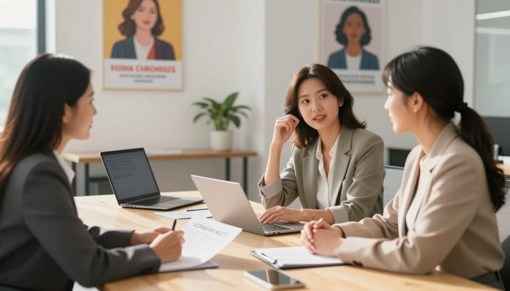 A vibrant scene depicting women entrepreneurs engaged in a public contract negotiation meeting. In the foreground, a diverse group of three women in professional business attire are actively discussing, showcasing expressions of determination and collaboration. The middle ground features a modern conference table with documents and digital devices, symbolizing the entrepreneurial spirit. In the background, a bright, airy office setting with motivational posters highlighting women's empowerment in business. The lighting is warm and inviting, casting soft shadows to enhance the focus on the entrepreneurs. The overall mood is one of optimism, teamwork, and progress, symbolizing the inclusion of women-led enterprises in public procurement opportunities.