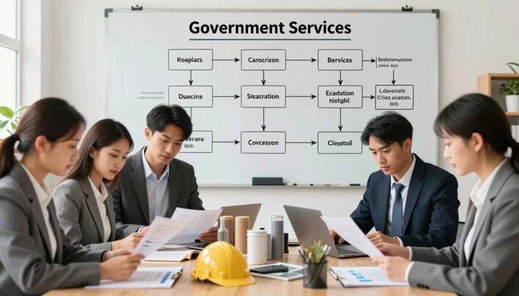 A visually engaging illustration depicting the classification of goods and services in a professional setting. In the foreground, include a diverse group of business professionals—two men and two women—skillfully reviewing documents and charts. They should be dressed in smart business attire, presenting a collaborative atmosphere. The middle layer features various categorized items like office supplies, construction materials, and technological gadgets arranged neatly on a table, symbolizing the range of goods and services in government contracting. In the background, a large whiteboard is filled with flowcharts and diagrams illustrating classifications, with warm, natural lighting illuminating the entire scene. The mood is focused and professional, conveying the importance of organization in public procurement processes.