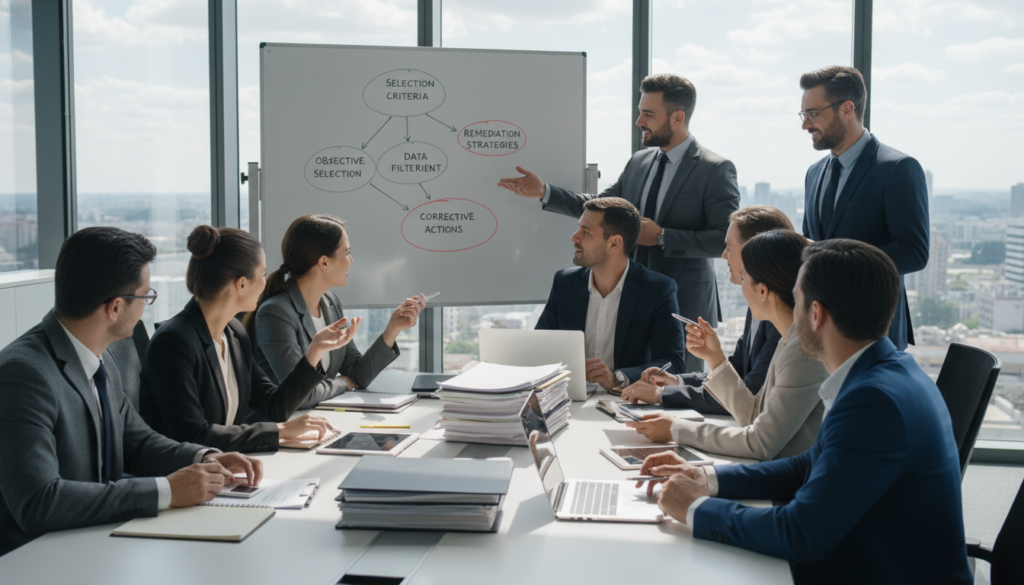 A visually engaging scene illustrating the concept of "objective selection and its relationship with remediation" in a legal context. In the foreground, a diverse group of professionals in business attire—men and women of various ethnicities—are gathered around a large table covered with documents and digital devices. In the middle ground, a whiteboard filled with diagrams and flowcharts symbolizes the decision-making process, highlighting key points on selecting criteria. The background shows a modern office environment with floor-to-ceiling windows allowing natural light to flood the space, casting soft shadows. The mood is collaborative and focused. Use a slightly elevated angle to capture the dynamics of the group, emphasizing the interaction and engagement among participants. The lighting is bright and inviting, creating an atmosphere of productivity and clarity. A visually engaging scene illustrating the concept of "objective selection and its relationship with remediation" in a legal context. In the foreground, a diverse group of professionals in business attire—men and women of various ethnicities—are gathered around a large table covered with documents and digital devices. In the middle ground, a whiteboard filled with diagrams and flowcharts symbolizes the decision-making process, highlighting key points on selecting criteria. The background shows a modern office environment with floor-to-ceiling windows allowing natural light to flood the space, casting soft shadows. The mood is collaborative and focused. Use a slightly elevated angle to capture the dynamics of the group, emphasizing the interaction and engagement among participants. The lighting is bright and inviting, creating an atmosphere of productivity and clarity.