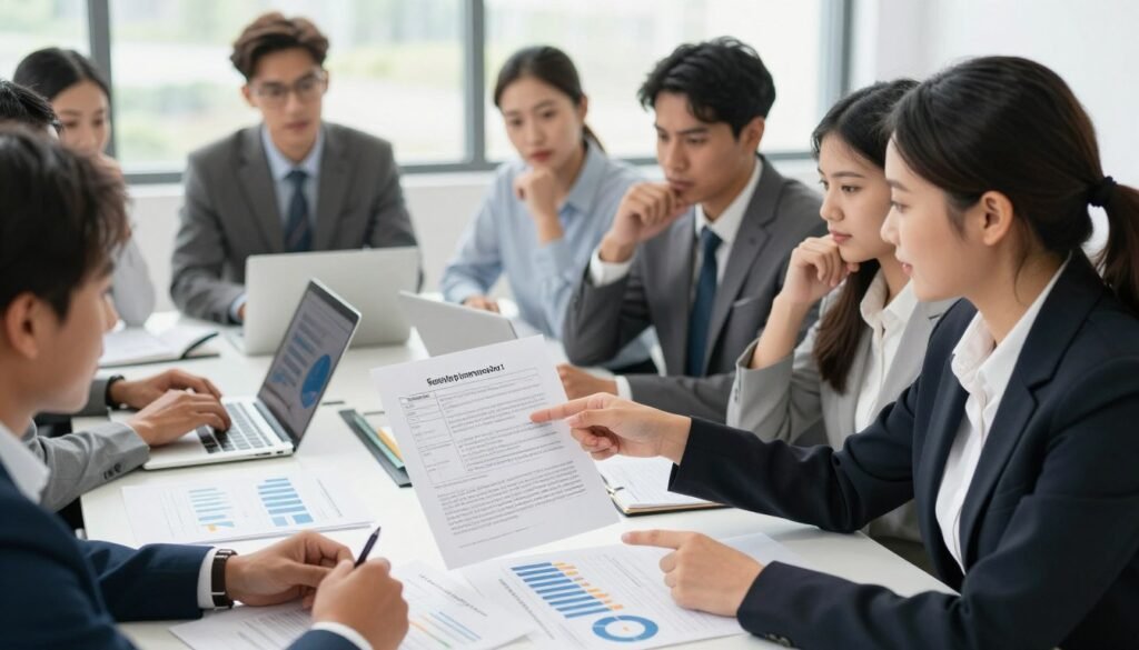 In a professional office environment, depict a diverse group of business professionals gathered around a conference table, focused on presenting and reviewing documentation that demonstrates the superiority of a particular proposal. The foreground features a confident woman in a business suit pointing to a detailed document outlining key compelling evidence, while a diverse group of engaged colleagues, including a man taking notes and a woman analyzing charts on a laptop, offers their input with thoughtful expressions. The middle of the image should show a well-organized table with charts, graphs, and documents scattered, emphasizing the analytical nature of the discussion. In the background, there are windows with natural light streaming in, creating a bright and positive atmosphere, suggesting a collaborative and serious tone. The angle is slightly above eye level, capturing the action and intensity of the meeting, while maintaining a professional mood.