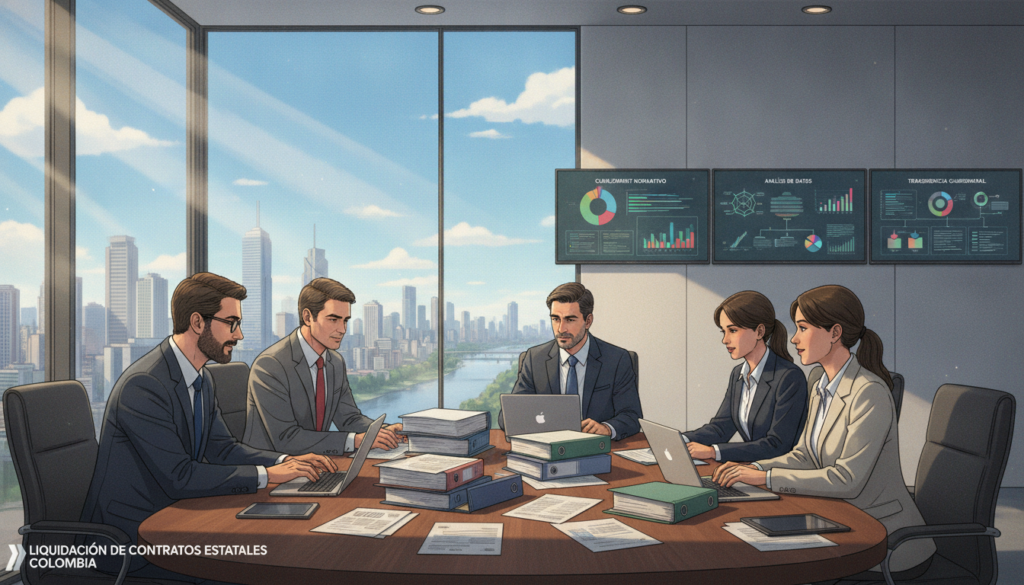 A detailed illustration capturing the theme of "liquidación de contratos estatales." In the foreground, a diverse group of professional individuals in business attire, engaged in a discussion around a large table cluttered with documents and reports. In the middle, framed by a modern office environment, a transparent glass wall showcases a view of the city skyline, symbolizing progress and transparency in government contracts. The lighting is bright and natural, streaming in through large windows, creating an atmosphere of professionalism and collaboration. The background features digital screens displaying charts and graphs, emphasizing data analysis and the importance of compliance in state contracting. The mood conveys determination and clarity in navigating the complexities of governmental contracts in Colombia.