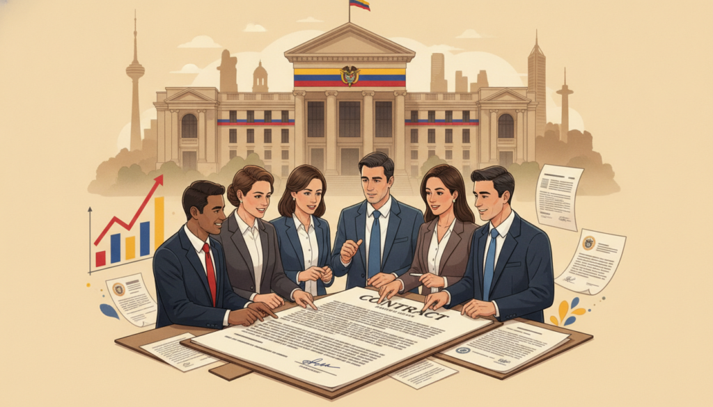 A detailed illustration representing the principles of public procurement in Colombia. In the foreground, a diverse group of professionals in business attire discuss a large contract document, surrounded by graphs and legal papers, symbolizing transparency and collaboration. In the middle, a backdrop of the Colombian flag subtly integrated into an official government building, representing the state’s authority and structure. The background features silhouettes of iconic Colombian landmarks, echoing national identity. The lighting is warm and inviting, creating a sense of professionalism and optimism. The overall mood conveys trust, accountability, and the fundamental guarantees of state contracting.