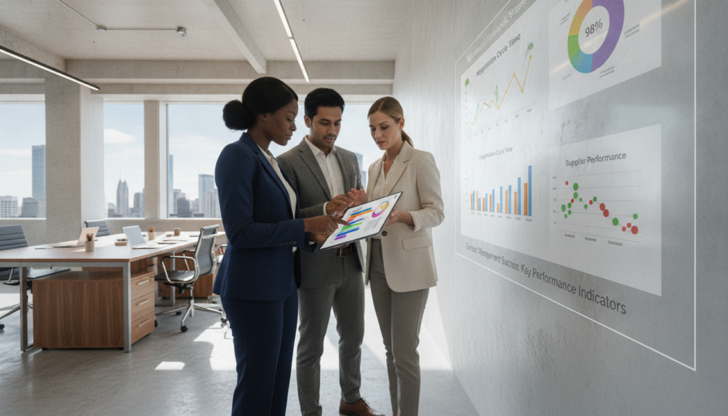 A dynamic, professional setting illustrating key performance indicators for contract management success. In the foreground, a diverse group of three professionals in business attire, analyzing colorful charts and graphs on a digital tablet, displaying various performance metrics. In the middle ground, a large, clear digital dashboard on the wall, showcasing real-time data visualizations, such as bar graphs and pie charts. The background features an elegant office environment with large windows allowing natural light to illuminate the space, enhancing the modern feel. The mood is focused and productive, with an emphasis on collaboration and data-driven decision-making, captured from a slightly angled perspective to create depth. A dynamic, professional setting illustrating key performance indicators for contract management success. In the foreground, a diverse group of three professionals in business attire, analyzing colorful charts and graphs on a digital tablet, displaying various performance metrics. In the middle ground, a large, clear digital dashboard on the wall, showcasing real-time data visualizations, such as bar graphs and pie charts. The background features an elegant office environment with large windows allowing natural light to illuminate the space, enhancing the modern feel. The mood is focused and productive, with an emphasis on collaboration and data-driven decision-making, captured from a slightly angled perspective to create depth.