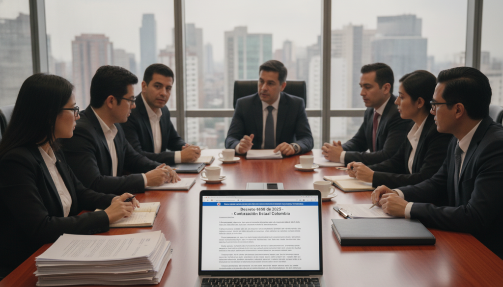 A formal meeting room in a modern office setting represents the essence of "Decreto 0858 de 2025" on state contracting in Colombia. In the foreground, a polished mahogany conference table is arranged with neatly stacked documents and a laptop displaying a digital version of the decree. In the middle, professionals in business attire engage in discussion, with a diverse group of men and women actively contributing ideas. The background features large windows allowing natural light to flood the room, showcasing a cityscape. Soft shadows enhance the ambiance, creating a professional and serious atmosphere. The camera angle is slightly elevated to capture both the participants and the documents, emphasizing collaboration and the importance of the new contractual provisions.