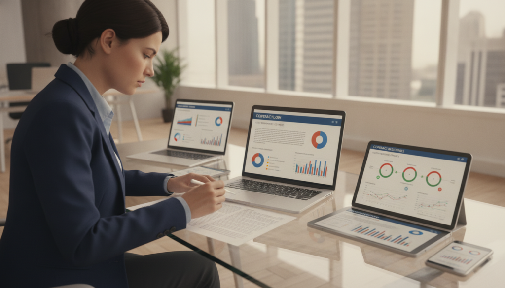 A modern office workspace featuring a sleek glass table with a laptop displaying a contract management system interface. In the foreground, a person in professional business attire (a woman) is reviewing documents, with a focused expression, emphasizing the importance of digital contract management. In the middle ground, various digital devices, like tablets and smartphones, are scattered, all showing graphs and charts related to contract analysis and performance metrics. The background comprises a bright office with large windows letting in natural light, casting soft shadows on the floor, creating a productive atmosphere. The overall mood is one of efficiency and innovation, symbolizing the competitive advantages of implementing a CLM software solution. The scene is captured with a warm color palette and a slightly blurred depth of field, emphasizing the subject. A modern office workspace featuring a sleek glass table with a laptop displaying a contract management system interface. In the foreground, a person in professional business attire (a woman) is reviewing documents, with a focused expression, emphasizing the importance of digital contract management. In the middle ground, various digital devices, like tablets and smartphones, are scattered, all showing graphs and charts related to contract analysis and performance metrics. The background comprises a bright office with large windows letting in natural light, casting soft shadows on the floor, creating a productive atmosphere. The overall mood is one of efficiency and innovation, symbolizing the competitive advantages of implementing a CLM software solution. The scene is captured with a warm color palette and a slightly blurred depth of field, emphasizing the subject.
