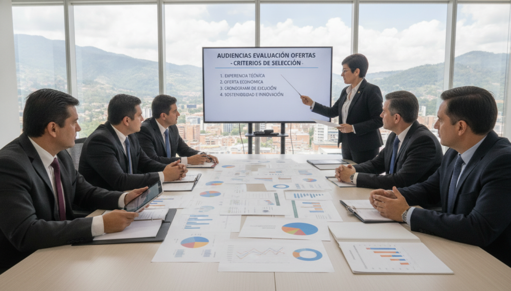 A professional business meeting scene illustrating the "audiencias evaluación ofertas" process in public procurement in Colombia. In the foreground, diverse individuals dressed in smart business attire are engaged in a discussion, examining documents and digital tablets. In the middle ground, a large conference table showcases charts and graphs related to the evaluation of bids, while one person gestures towards a presentation screen displaying the evaluation criteria. In the background, a modern conference room with large windows allows natural light to flood the space, creating an optimistic and focused atmosphere. The composition reflects an active and collaborative environment, emphasizing professionalism and teamwork in public bidding processes.