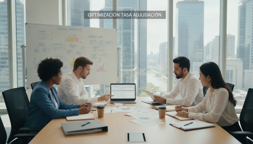 A professional business setting illustrating the concept of "optimización tasa adjudicación." In the foreground, a diverse group of four business professionals – one woman of Afro-Colombian descent, two men of Caucasian and Latino descent, and one woman of Asian descent – are engaged in focused discussion around a large table with documents and a laptop open in front of them. The middle ground features a whiteboard filled with colorful graphs and charts related to competitive advantages. In the background, tall windows allow natural light to flood the room, creating a bright and optimistic atmosphere. The scene should have a modern, corporate aesthetic, with sleek furniture and a vibrant city view. Use a wide-angle perspective to emphasize collaboration and strategic planning.
