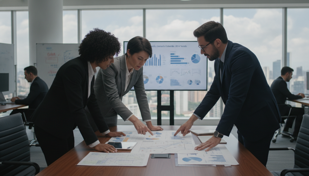 A professional consulting scene depicting a diverse group of consultants engaged in a dynamic discussion about public contracting in Colombia. In the foreground, three business professionals in smart business attire—two women and one man—are gathered around a sleek conference table, reviewing documents and blueprints related to public projects. The middle ground features a large screen displaying graphs and data analyses. The background showcases a modern office environment with large windows allowing natural light to flood in, creating a bright and open atmosphere. The mood is collaborative and focused, conveying a sense of determination and expertise in public contracting consultancy. Capture the scene from a slightly elevated angle to emphasize the interaction and the professional setting.