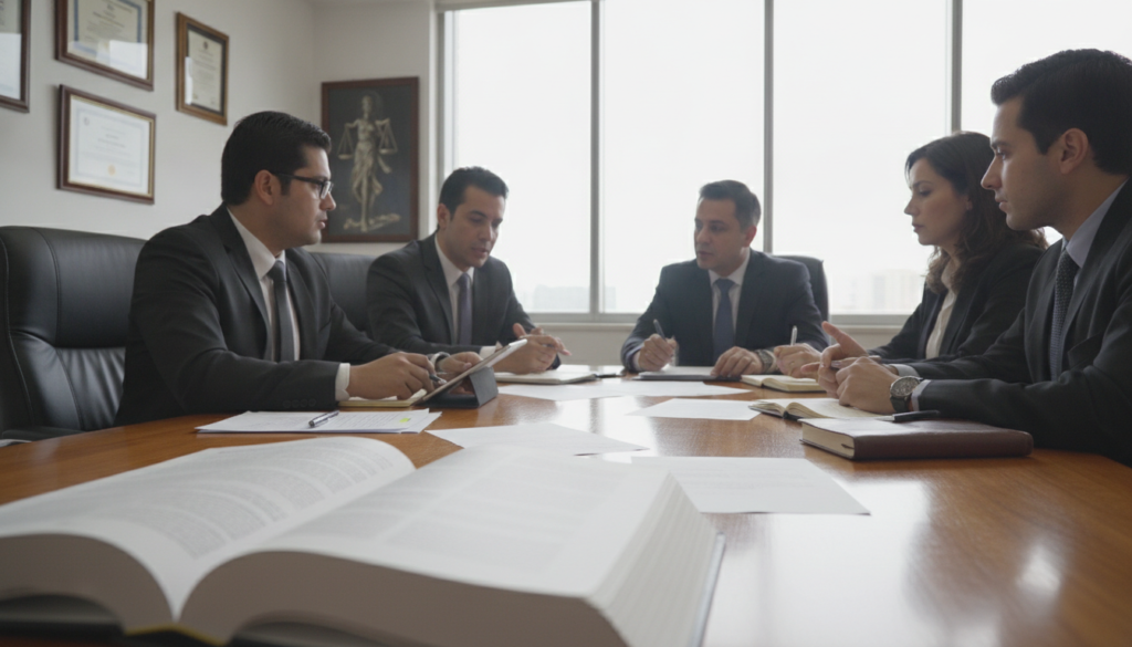 A professional legal setting featuring a conference table surrounded by a diverse group of business professionals in formal attire. In the foreground, an open legal book displaying the title "Sentencia C-197 de 2023" and scattered legal documents, symbolizing the theme of constitutional jurisprudence. The middle ground features individuals engaged in a discussion, pointing at the documents and taking notes, reflecting collaborative legal analysis. The background shows a large window with natural light flooding in, creating a bright atmosphere, while the walls are adorned with framed certificates and law-related artwork. The mood is focused and serious, emphasizing the importance of legal interpretation and contractual norms in a state contracting context.