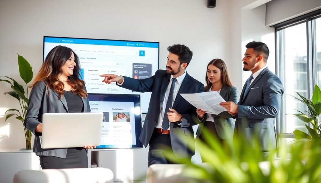 A professional-looking office environment featuring a group of diverse business professionals in business attire, focused on a large digital screen displaying a visually appealing interface of a government procurement search tool. In the foreground, a young woman with a laptop is collaborating with a middle-aged man who is pointing at the digital display. In the middle background, another team member is taking notes while looking at a paper document about contracting processes. Soft, natural lighting streams through a large window, creating a calm and welcoming atmosphere. The room is modern, with sleek furniture and plants, conveying a sense of professionalism and efficiency in navigating public contracting processes in Colombia.