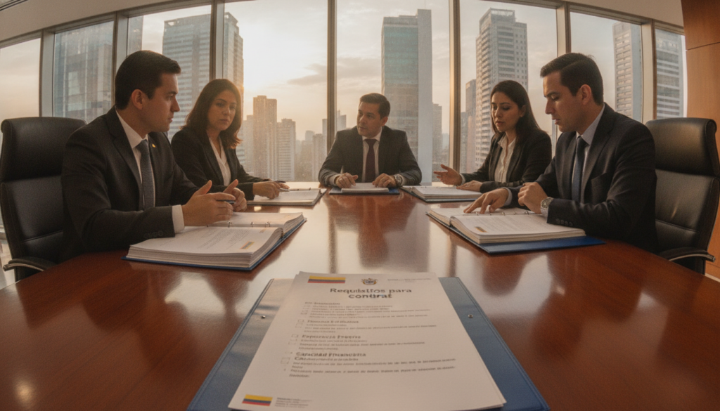 A professional meeting room set in a modern governmental building, with a large wooden table at the forefront. On the table, neatly organized documents titled "Requisitos para contratar" showcasing various requirements and checklists for government contracting in Colombia. In the middle ground, a group of four diverse professionals dressed in business attire—two men and two women—engaged in an animated discussion, examining the documents intently. The background features a large window with natural light streaming in, casting a warm glow, and a view of a city skyline. The atmosphere is one of focus and determination, highlighting the importance of fulfilling the requirements for engaging with the state. Lens perspective should enhance the depth of the scene, giving a sense of professionalism and collaboration.