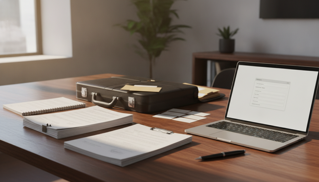 A professional workspace scene depicting various documents spread across a wooden table. In the foreground, a crisp stack of legal paperwork and certification documents neatly organized, alongside a sleek laptop displaying an application form for public bidding. In the middle ground, an open briefcase revealing folders and business cards, with a notepad and pen poised for notes. The background showcases a softly lit office environment, with a large window allowing natural light to filter in, casting gentle shadows. The atmosphere is focused and diligent, conveying seriousness and attention to detail. Ensure the scene is devoid of any text or branding elements.