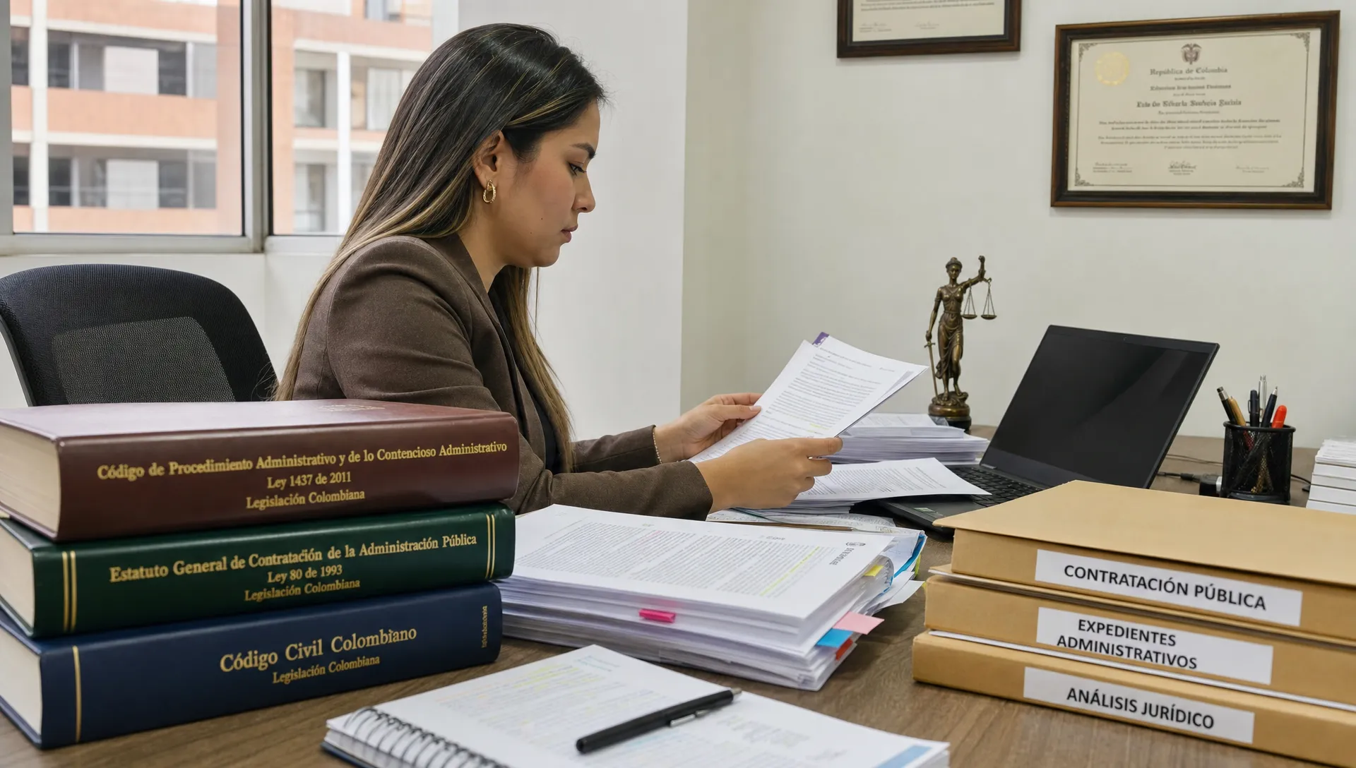 Abogada revisando documentos de contratación pública, expedientes administrativos y notas de análisis jurídico sobre una mesa de trabajo, con códigos legales colombianos y carpetas organizadas, en un plano medio lateral dentro de una oficina.