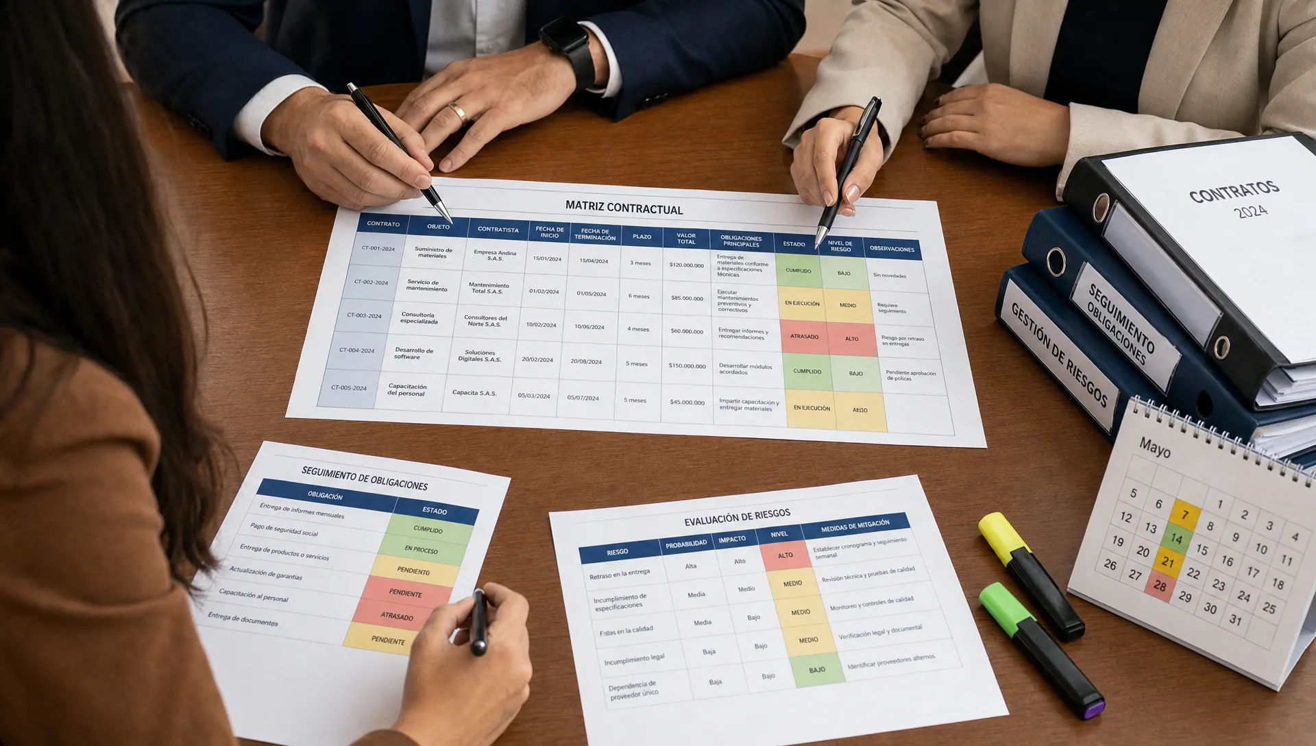 Equipo empresarial revisando una matriz contractual impresa sobre una mesa, con documentos legales, calendario, resaltadores y carpetas organizadas para seguimiento de obligaciones y riesgos.