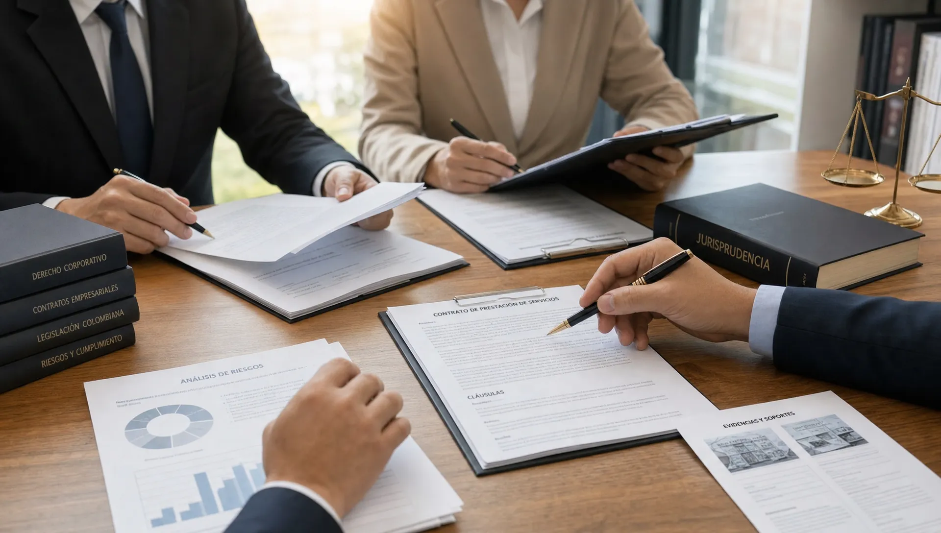 Equipo jurídico revisando documentos contractuales, expedientes y pruebas sobre una mesa de trabajo, con énfasis en análisis legal empresarial y prevención de riesgos.