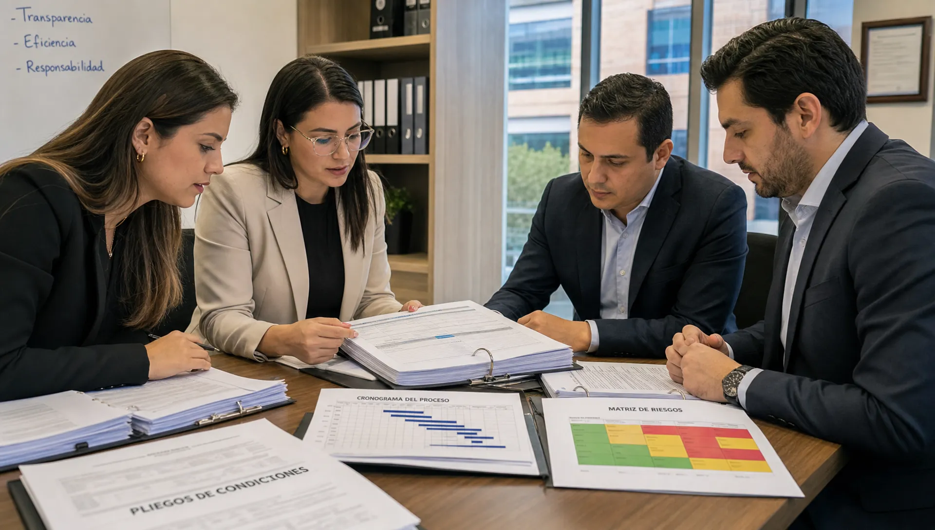Equipo jurídico y empresarial revisando pliegos, cronograma y matriz de riesgos sobre una mesa de trabajo, con carpetas abiertas y documentos ordenados frente a ellos.