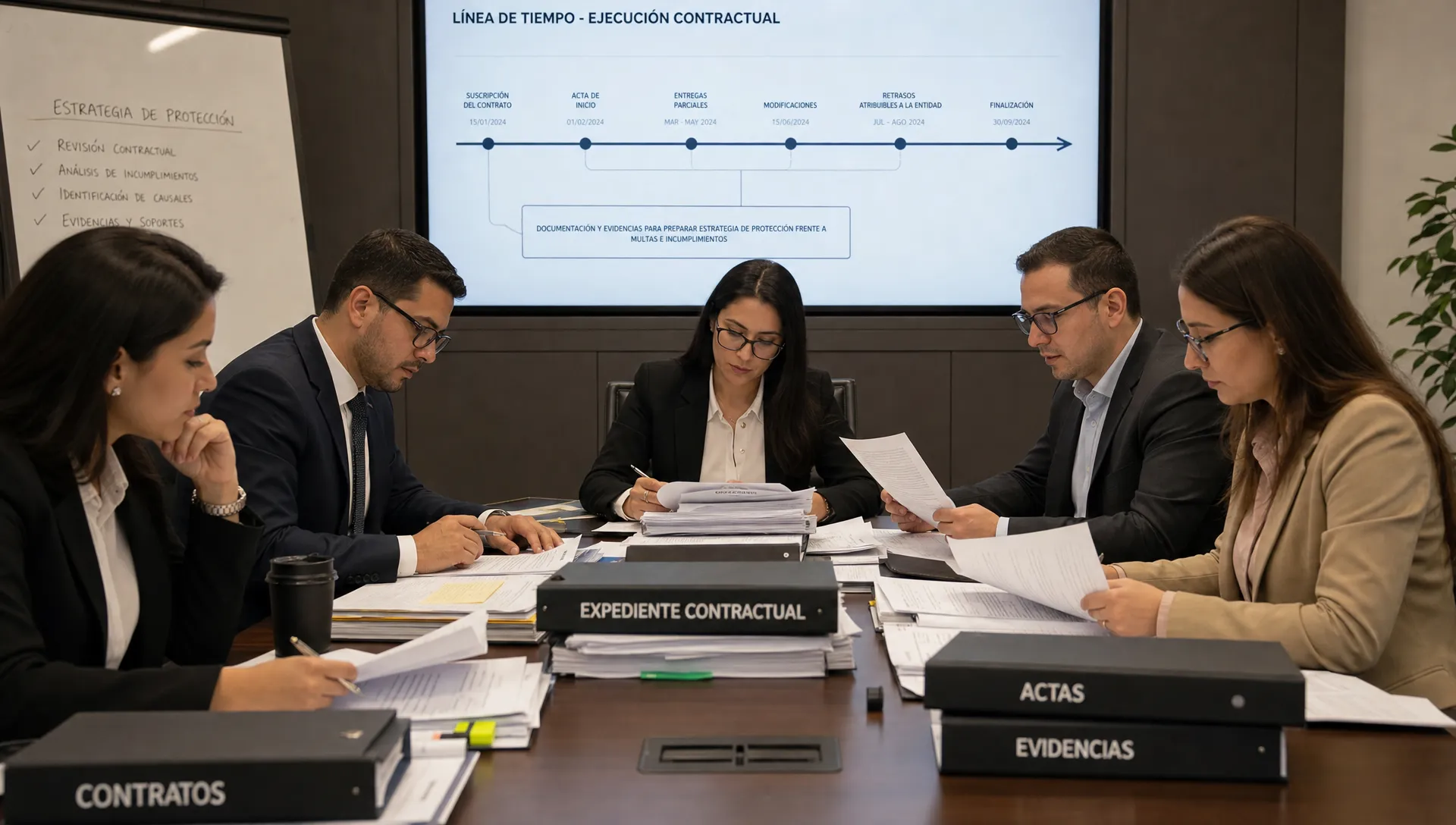 Protección jurídica frente a multas e incumplimientos Equipo jurídico y técnico revisando expedientes contractuales, actas, cronogramas y evidencias en una sala de reuniones sobria, con carpetas abiertas sobre la mesa y una línea de tiempo visible para preparar una estrategia de protección frente a multas e incumplimientos.