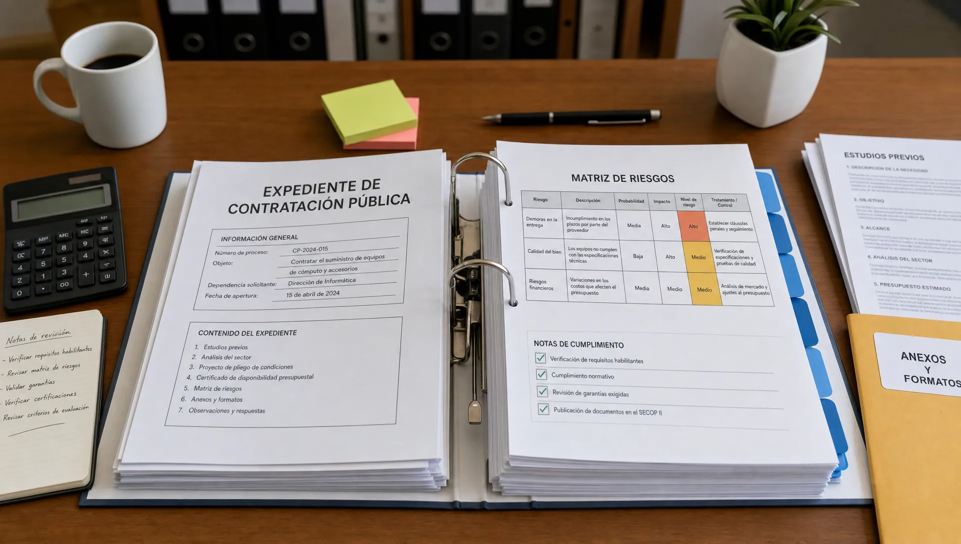Expediente de contratación pública abierto sobre una mesa, con documentos contractuales, matriz de riesgos y notas de cumplimiento organizadas para revisión.