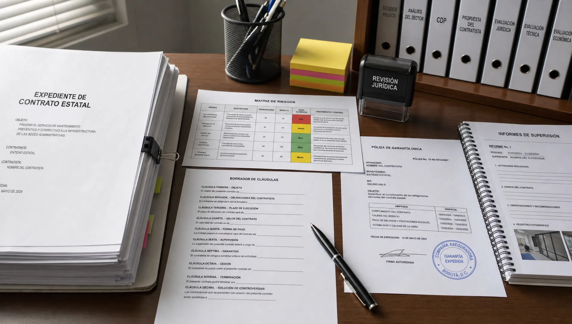 Expediente de contrato estatal sobre una mesa de trabajo con matriz de riesgos, borrador de cláusulas, póliza de garantía, sello de revisión jurídica y documentos de supervisión organizados en una oficina sobria con luz lateral.