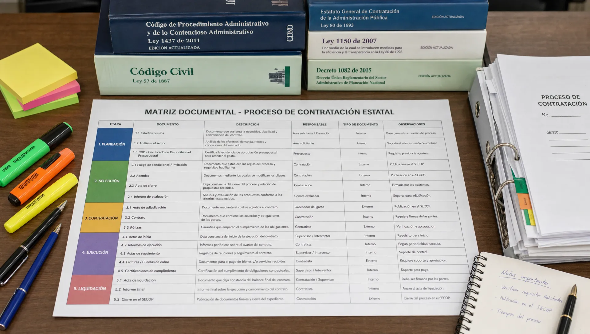 Mesa de trabajo con expedientes de contratación estatal, códigos legales, resaltadores y una matriz documental impresa organizada por etapas del proceso.