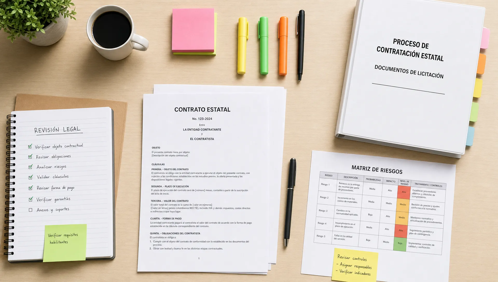 Mesa de trabajo jurídica con contrato estatal impreso, matriz de riesgos, documentos de licitación organizados, resaltadores y notas para una revisión legal especializada, en un plano cenital sobre una superficie despejada.