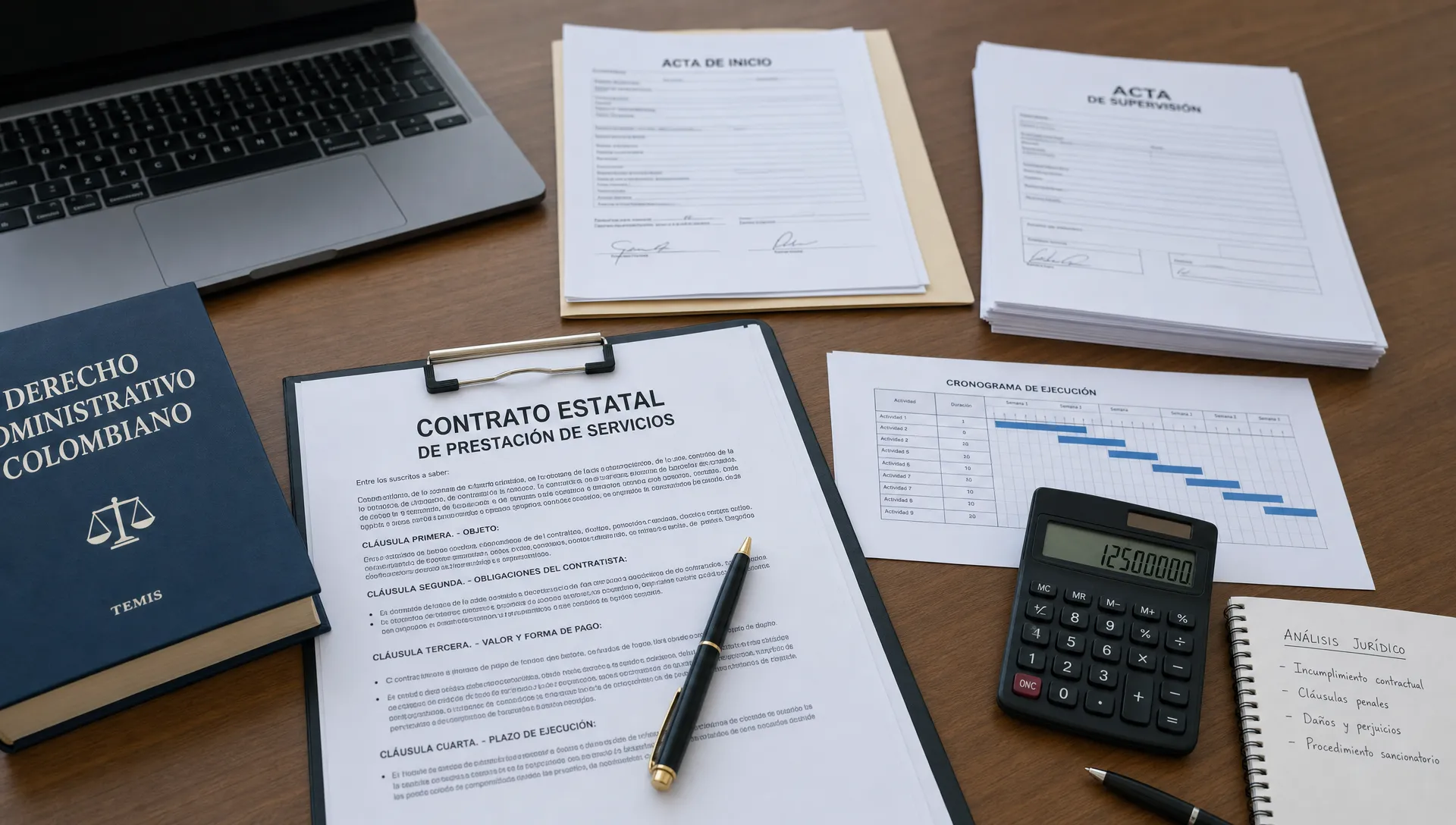 Mesa de trabajo jurídica con contrato público, actas, cronograma, calculadora y documentos organizados para analizar una controversia contractual.