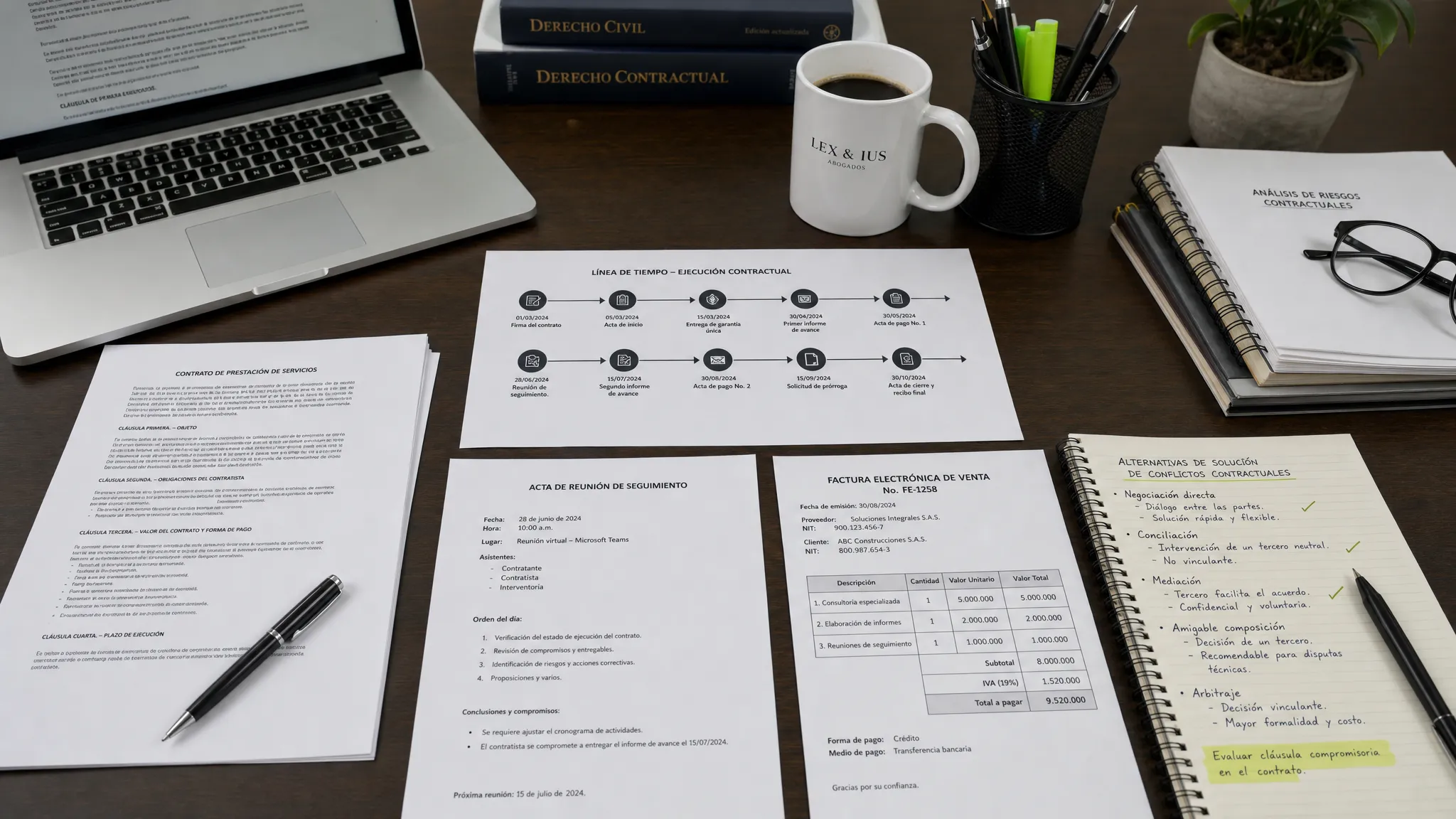 Mesa de trabajo jurídica con documentos contractuales organizados, una línea de tiempo de ejecución, actas, facturas y notas de análisis sobre alternativas de solución de conflictos contractuales.