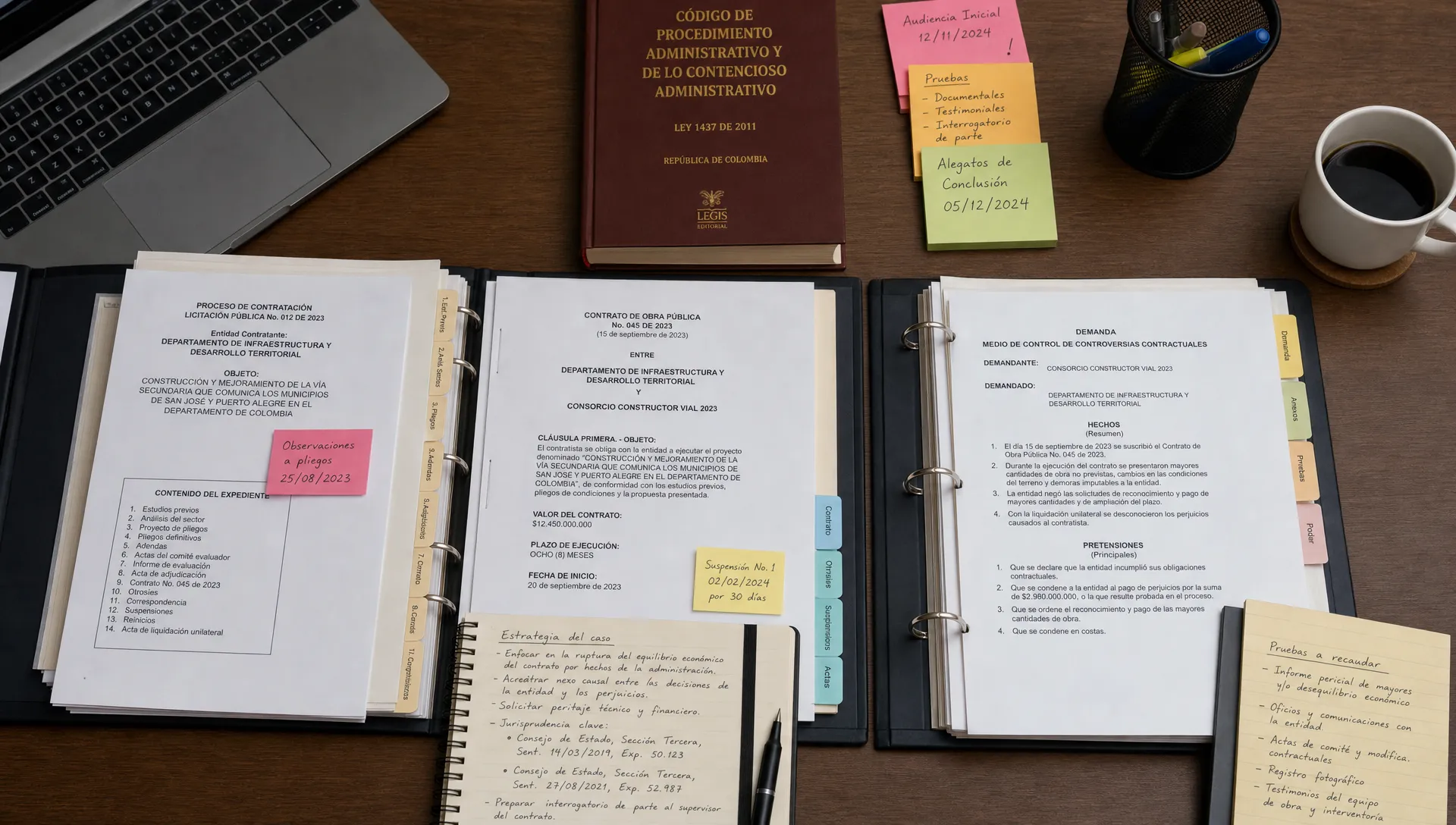 Mesa de trabajo jurídica con expediente de contratación estatal, documentos organizados, código legal colombiano y notas de estrategia para un litigio contra una entidad pública, vista en ángulo cenital con carpetas abiertas y hojas marcadas por fechas clave.