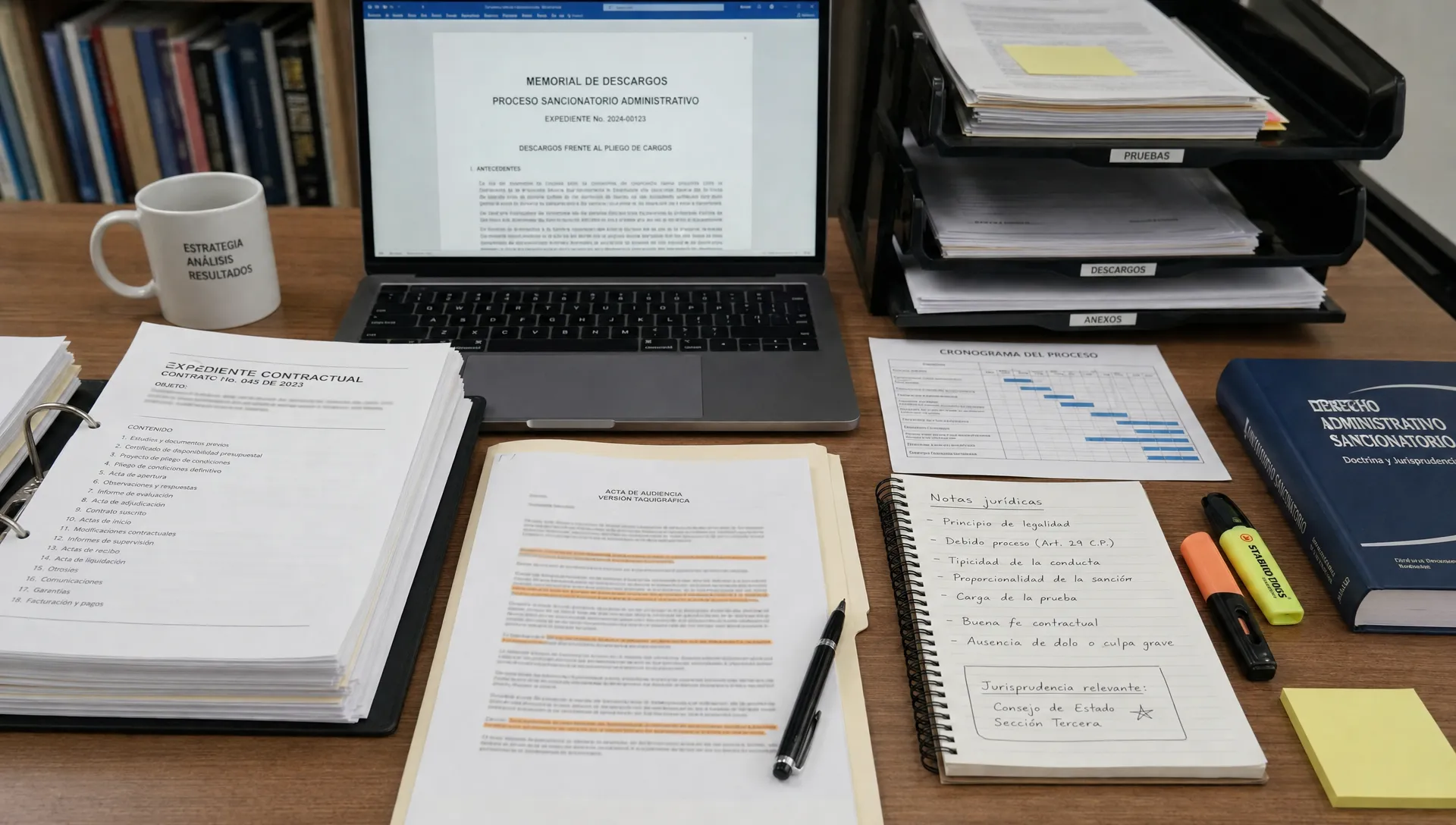 Mesa de trabajo jurídica en primer plano con expediente contractual organizado, documentos marcados, actas, cronograma impreso y notas jurídicas distribuidas para preparar la defensa en un proceso sancionatorio administrativo.