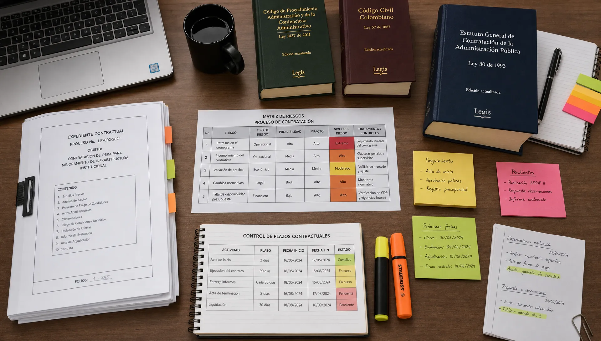 Mesa de trabajo jurídica vista en ángulo cenital, con expedientes de contratación pública, matriz de riesgos, códigos normativos colombianos, resaltadores y notas de seguimiento de plazos contractuales organizados sobre la superficie.