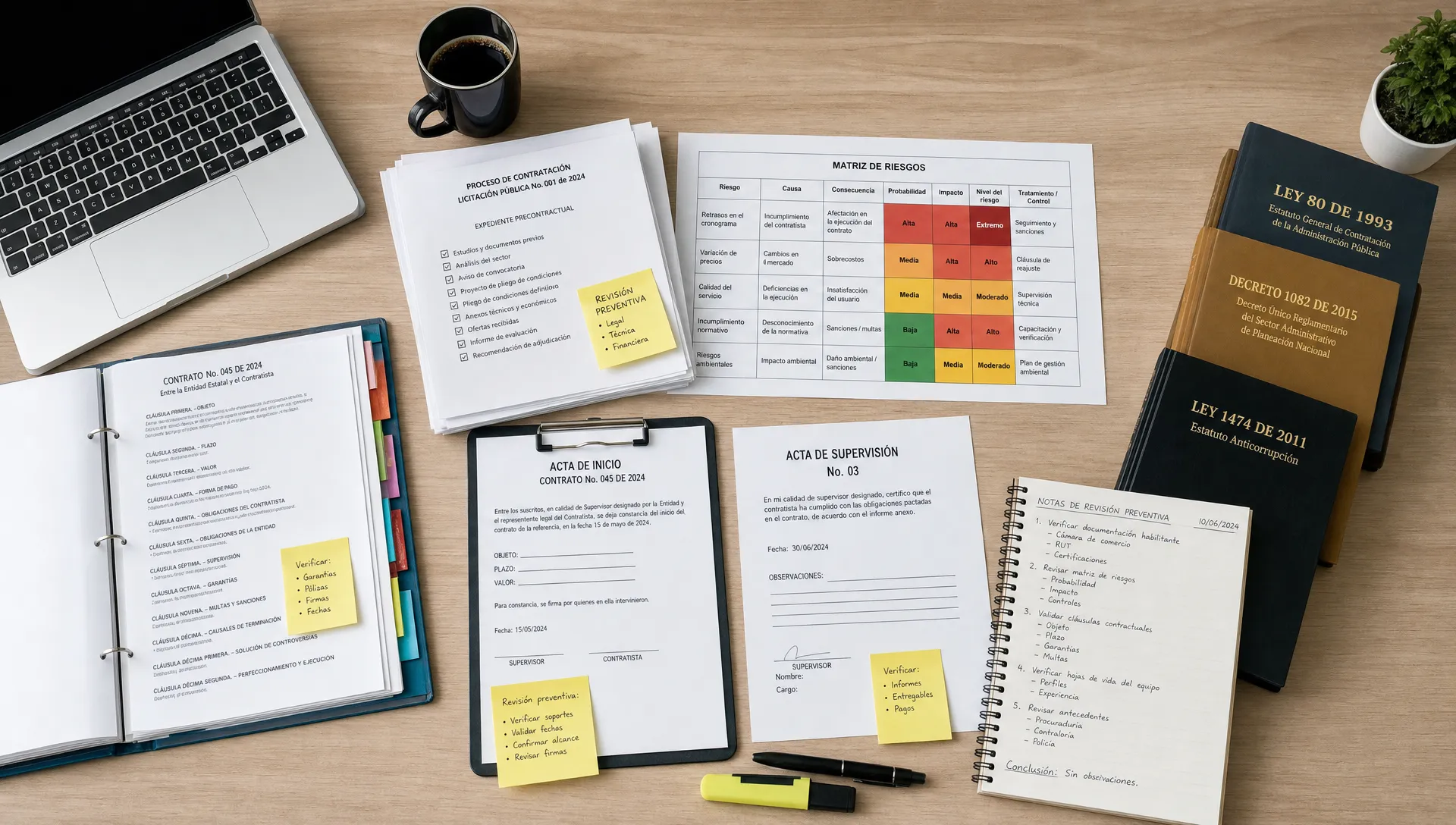 Mesa de trabajo jurídica vista en ángulo cenital, con expedientes de contratación pública, una matriz de riesgos, normas colombianas impresas, actas contractuales y notas de revisión preventiva organizadas sobre una mesa.