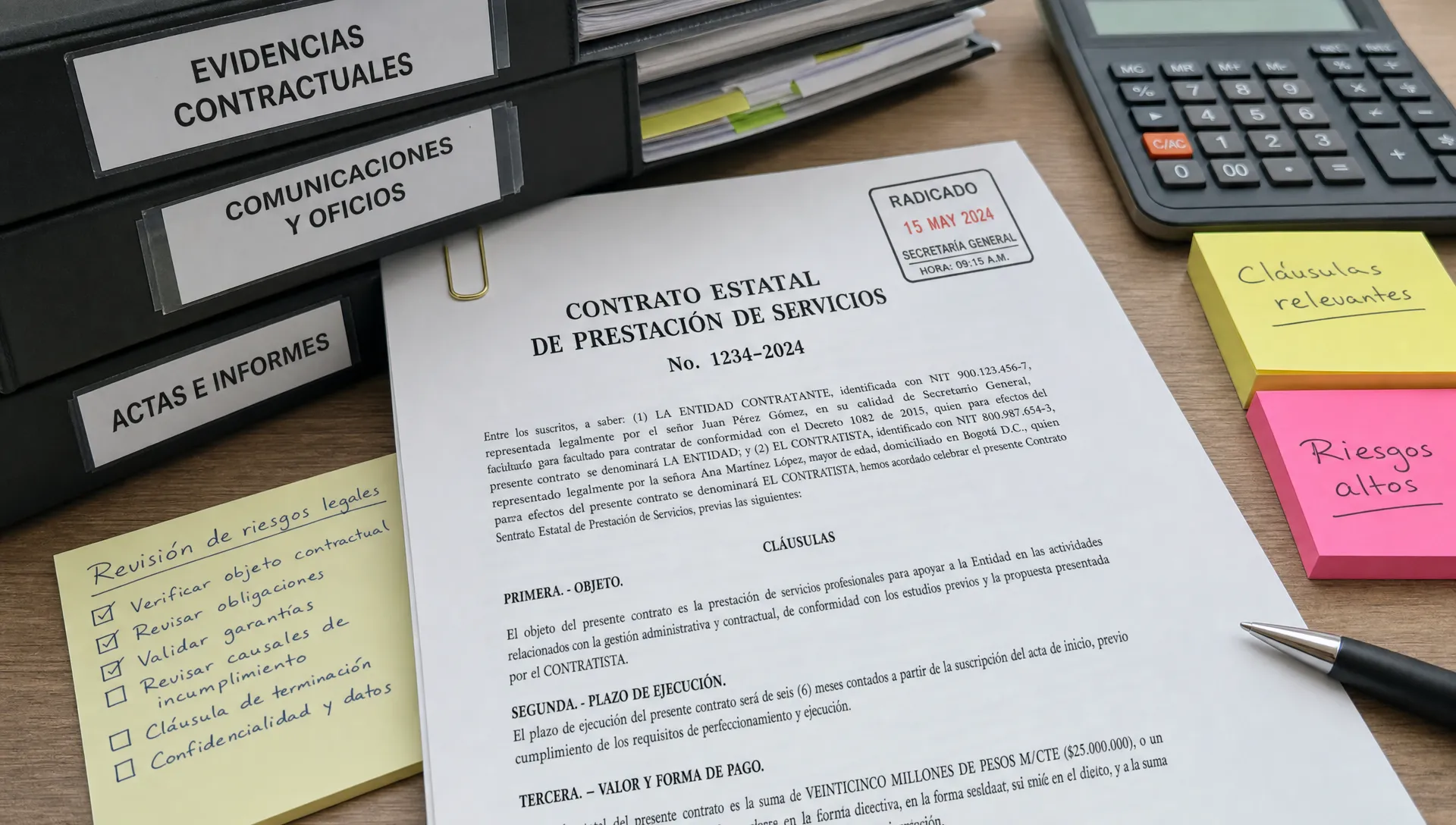 Asesoría jurídica para empresas que contratan con el Estado Primer plano de un contrato estatal impreso con carpetas de evidencias, sello de radicación, calculadora y notas adhesivas organizadas sobre un escritorio para revisar riesgos legales de una empresa contratista.