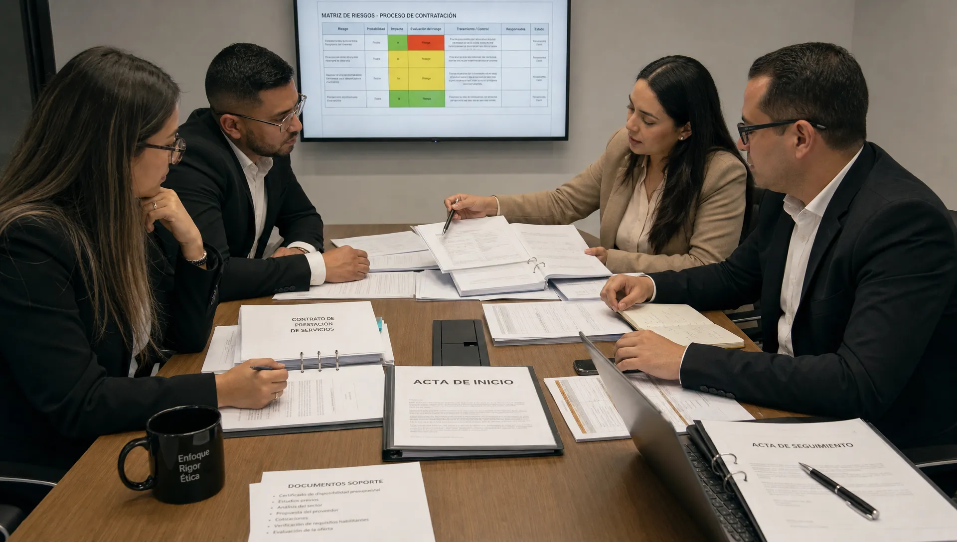 Un equipo jurídico revisa un expediente de contratación pública con contratos, matriz de riesgos, actas y documentos de soporte sobre una mesa de trabajo, en una sala de reuniones sobria con carpetas abiertas y notas de seguimiento alrededor.