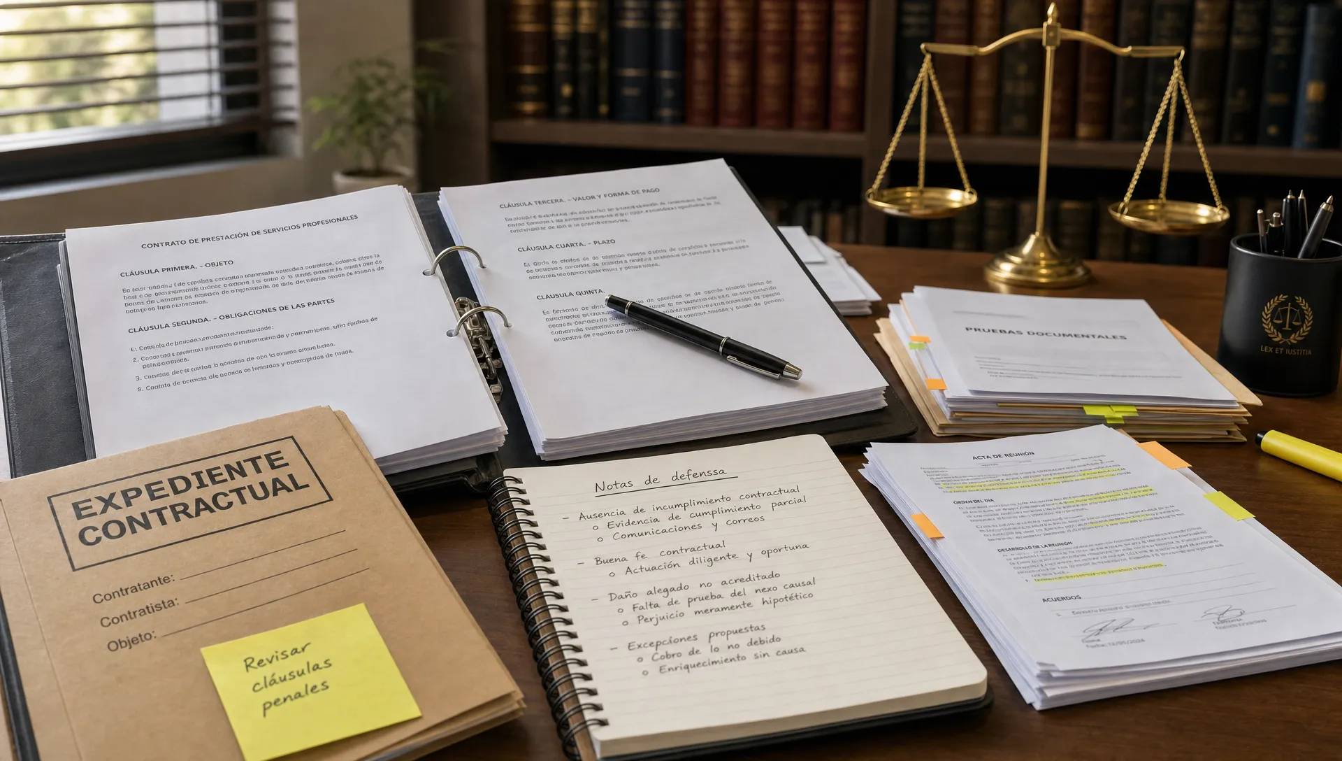 Un escritorio jurídico con expediente contractual abierto, actas, documentos marcados, una libreta con notas de defensa y una balanza de justicia al fondo.