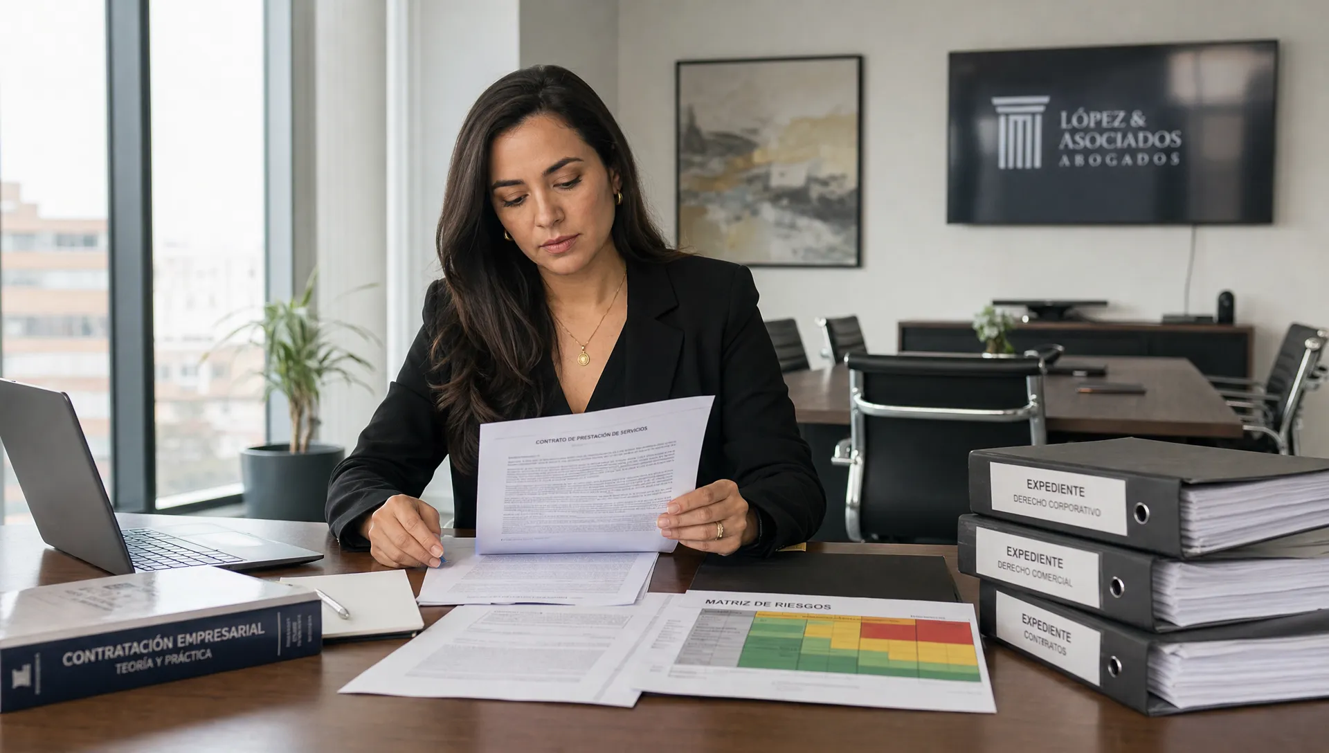 Qué es la consultoría jurídica y para qué sirve Una abogada revisa documentos contractuales, una matriz de riesgos y expedientes organizados sobre una mesa de trabajo, con una sala de reuniones sobria al fondo y luz natural lateral, en un ambiente profesional orientado a la consultoría jurídica empresarial.
