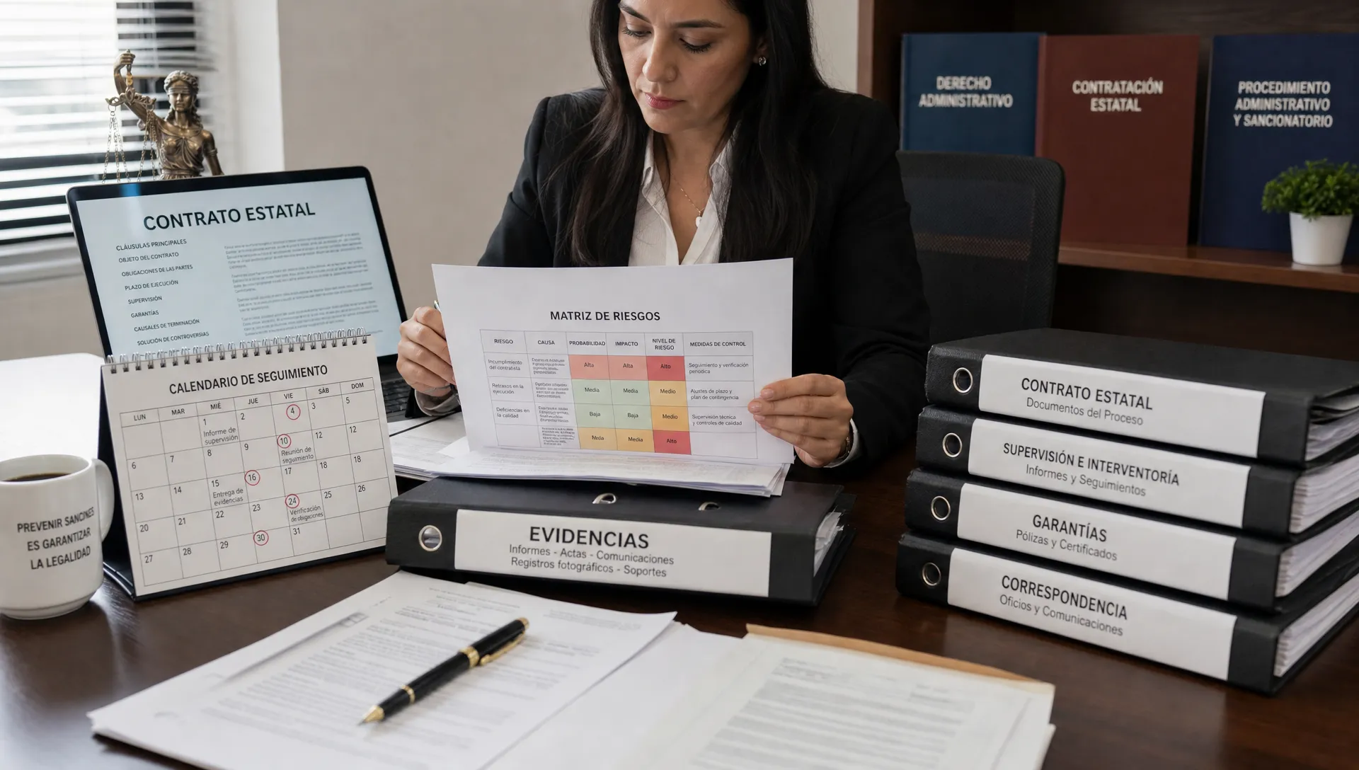 Una abogada revisa un contrato estatal, una matriz de riesgos y carpetas de evidencia sobre una mesa de trabajo, junto a un calendario con fechas de seguimiento y documentos organizados para prevenir sanciones administrativas.