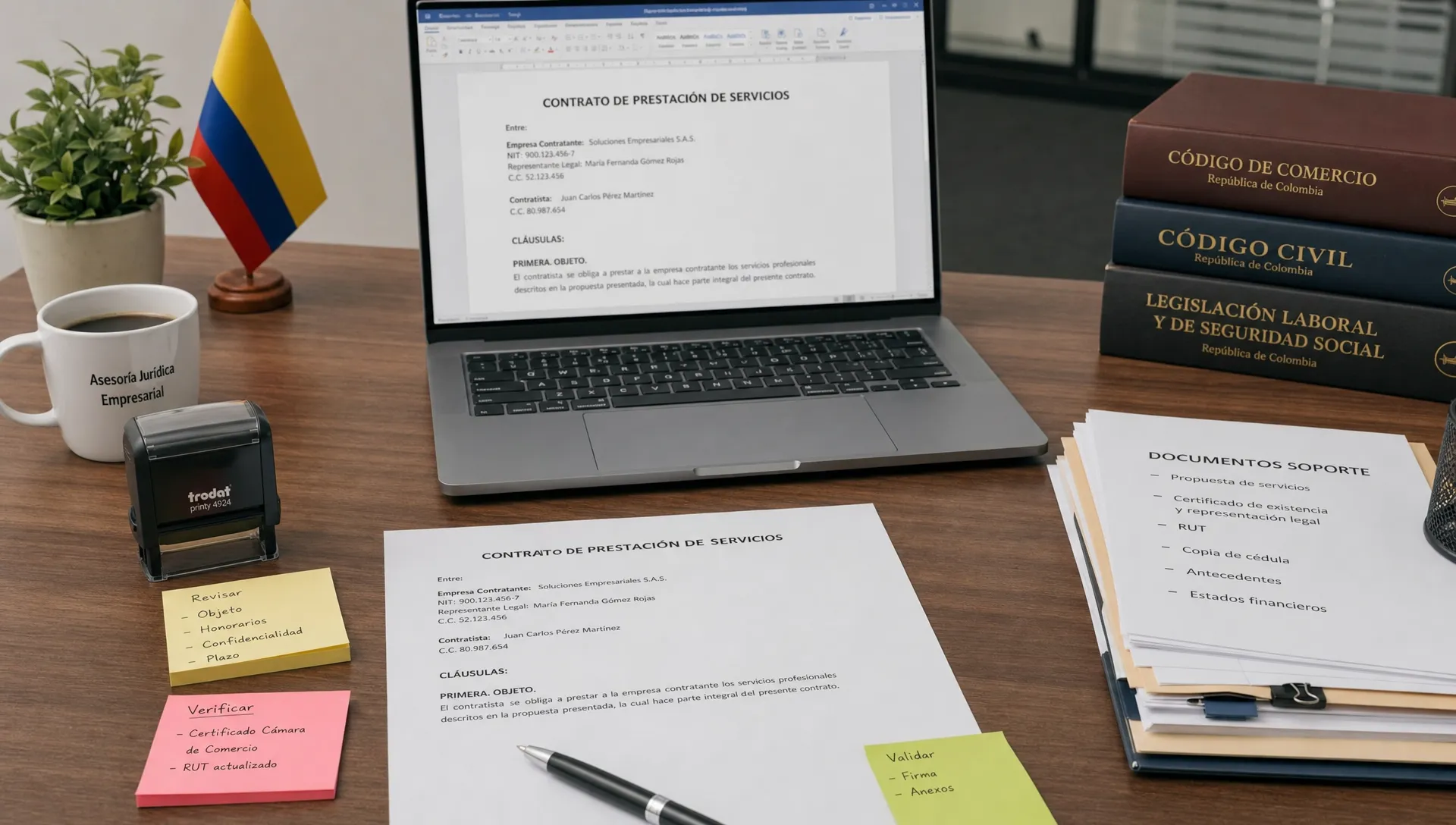 Qué es la asesoría jurídica y cuándo conviene recibirla Una mesa de trabajo con contrato impreso, notas adhesivas, sello, computador portátil abierto hacia la persona usuaria y documentos organizados para una revisión jurídica empresarial en Colombia.