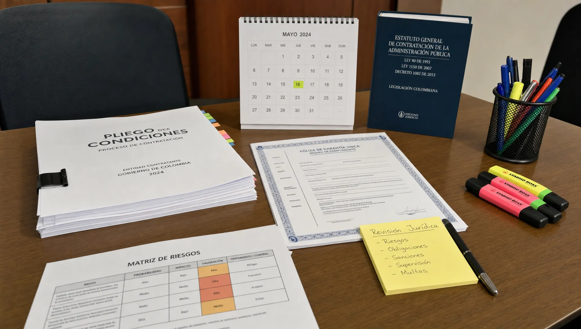 Abogada Colombia: apoyo legal en contratación estatal Una mesa de trabajo con documentos de contratación estatal, pliegos impresos, un calendario, resaltadores, una póliza de garantía y notas jurídicas organizadas para revisar riesgos contractuales, vista en ángulo lateral dentro de una sala institucional sobria.