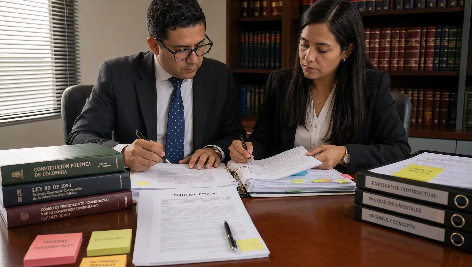 Representación legal en audiencias y descargos contractuales Una mesa de trabajo jurídica con contrato estatal impreso, carpetas organizadas, notas adhesivas, códigos legales colombianos y dos personas revisando pruebas antes de una audiencia contractual, en una sala institucional sobria con luz lateral y el expediente abierto frente a ellas.