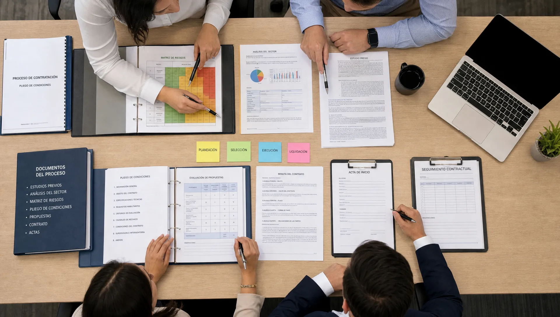 Vista cenital de un equipo de contratación revisando expedientes, matrices de riesgo y documentos contractuales extendidos sobre una mesa de trabajo, con manos señalando apartes clave y documentos organizados por etapas del proceso.