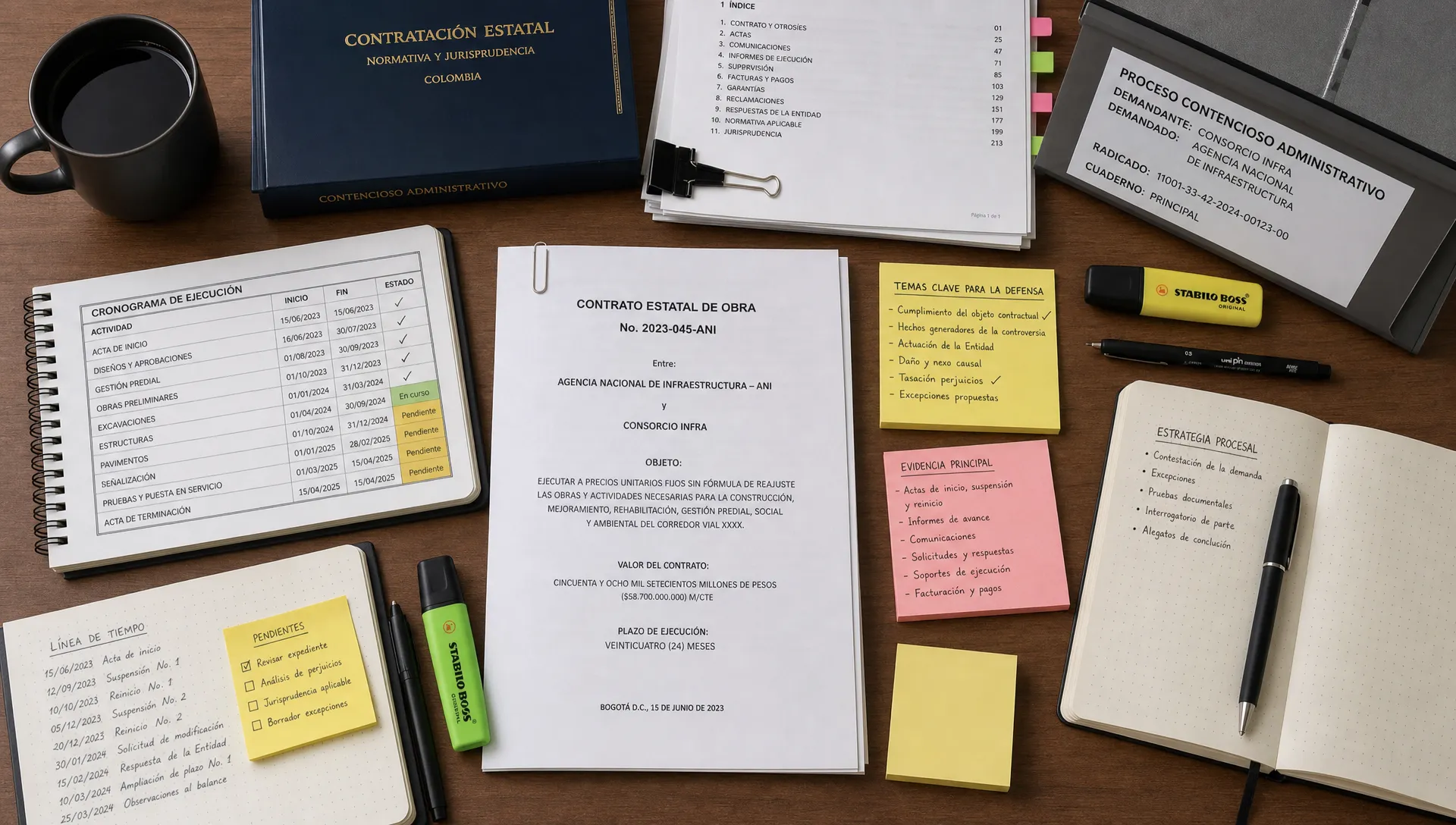 Abogados contractuales y su rol en disputas con el Estado Vista cenital de una mesa de trabajo jurídica con un contrato estatal impreso, resaltadores, notas de seguimiento, cronograma de ejecución y documentos organizados para preparar una defensa en una controversia contractual con el Estado.